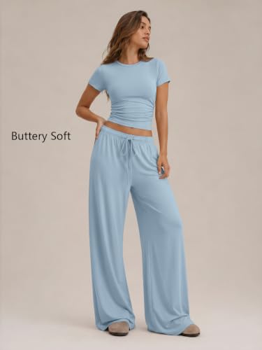 Image of Trendy Queen 2 Piece Matching Summer Lounge Set Womens Side Ruching Top Wide Leg Pants Sets with Pockets