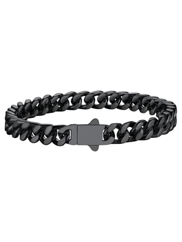 Image of Richsteel Mens Bracelets Black Plated Cuban Link Chain Bracelet for Men Women Stainless Steel Curb Chains Hip Hop Jewellery 7mm Width 19cm Length