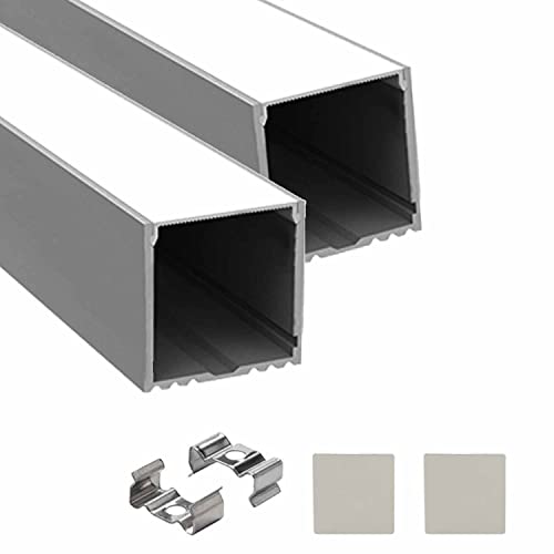 Image of (35x35mm) LED Strip Light 1Meter Aluminium Rectangular Surface Profile Light Channels with Diffused Cover, End Caps and Mounting Clips Without LED Straight Linear - Pack of 2