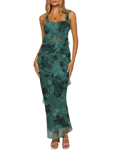 Robe longue moulante verte à fleurs SEBOWEL taille S pour femme