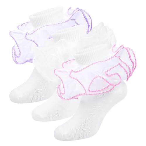 Witwot 3 Pairs Girls Ruffle Socks Toddler Double Lace Frilly Pageant Dress Sock Turn Cuff Socks