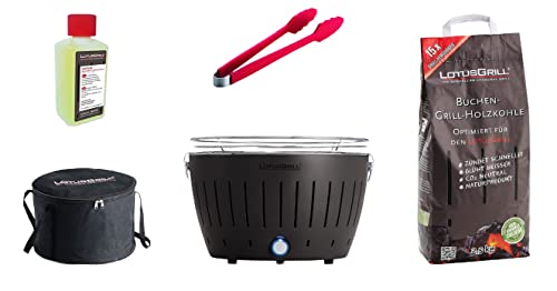 LotusGrill zestaw startowy 1 grill szary z przyłączem USB, 1 x węgiel bukowy 1 kg, 1 x pasta do rozpalania 200 ml, 1 x szczypce do kiełbasek (kolor w zależności od dostępności), 1 x torba transportowa – grill na węgiel drzewny o niskiej emisji dymu