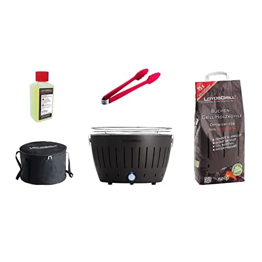 LotusGrill Starter-Set Classic 1x Grill Anthrazitgrau mit USB-Anschluß, 1x Buchenholzkohle 2,5 kg, 1x Brennpaste 200ml, 1x Würstchenzange Farbe nach Vorrat, 1x Tragetasche, raucharmer Holzkohlegrill