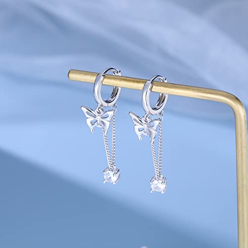 Sluynz  Sterling Silver Butterfly Drop Dangle Small Hoop Earrings Chain For Women Teen Girls Cz Butterfly Hoop Earrings Huggie (A-Silver) #TOP3