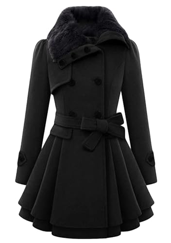 BOFETA Damen Kunstpelz Revers Wollmischung Erbsenmantel Lässige Winterjacke Doppelreiher Revers Trenchcoats Mit Gürtel Schwarz L