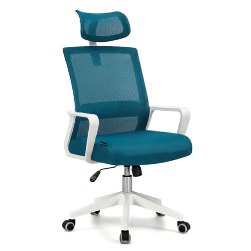 duehome | Silla de Oficina Ergonómica Dafne, Silla de Escritorio, Modelo Dafne, Acabado en Turquesa y Blanco, Medidas: 55 cm (Ancho) x 51 cm (Largo) x 111 121 cm (Alto)