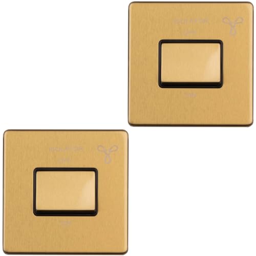 2 Pack SCREWLESS 6A Extractor Fan Isolator Switch Satin Brass 3 Pole Shower - 230V Bathroom Wetroom Fan Switch Wall Plate