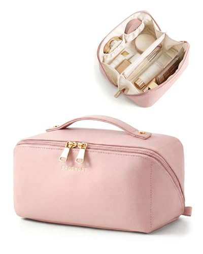 BAGSMART Travel Makeup Bag Flat Lay Make Up Case PU Leather Waterpoof Cosmetic Organiser with Clear Pocket for Brushes Small Toiletry Bag with Handle Essential for Women Pink