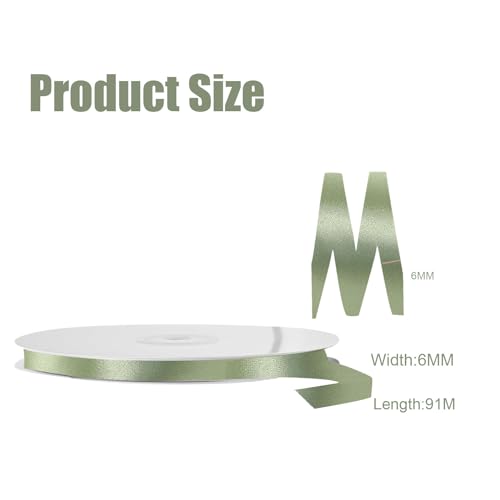 Thin Sage Green Ribbon 6mm Satin Ribbons for Gift Wrapping,91m Cake Balloon Ribbon Silk Thick Ribbons Sage Green for Crafting,Christmas,Wedding,Hair Bows,Bouquets,Party,Cake Decoration