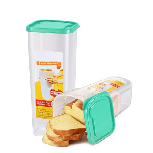 Flexzion 2 Pack Airtight Bread Box, Clear Plastic Loaf Container, Green