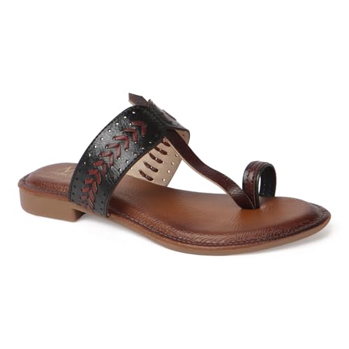 Image of Women's Kolhapuri Chappal Flats | Two-Tone Leatherette Ethnic Sandals with Toe Ring | Comfortable Handcrafted Traditional Slip-On Slippers for Ladies