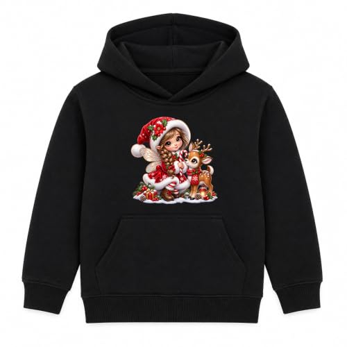 Image of Kids Christmas Hoodie Cute Santa Girl and Reindeer Fawn with Candy Cane, Festive Holiday Graphic Sweatshirt Winter Casual Pullover Tops, for Boys and Girls - Size Range 5-6 Years Black