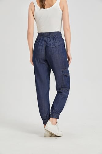 Women's Cargo Denim Jogger Pants High Waisted Elastic Waist Baggy Jeans with Buttons Comfortable for Spring Fall4