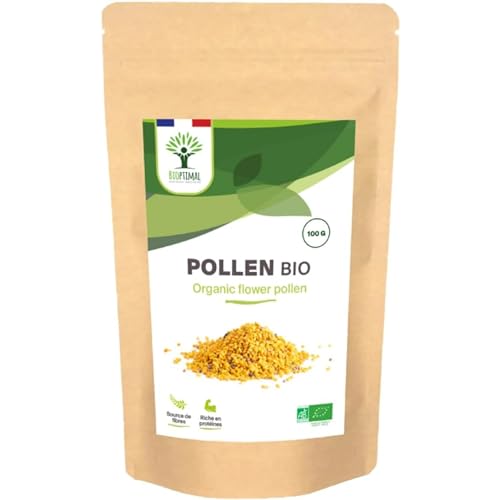 BIOPTIMAL - Pollen Bio - Superaliment - Immunité Vitalité Énergie - 100% Pollen de fleurs Pur - Qualité Premium - Conditionné en France - Certifié par Ecocert - 100g