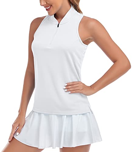 Ladies Golf Shirts Racerback Sleeveless Polo Tennis T Shirts Dry Fit Moisture Wicking Tank Top White #TOP1