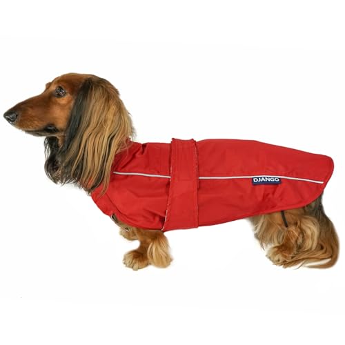 DJANGO City Slicker Waterproof Dog Raincoat and Lightweight Jacket for Long Dogs - Full Coverage Puppy Coat and Reflective Rain Slicker and Windbreaker - Adjustable with Harness Hole (Red, Small)