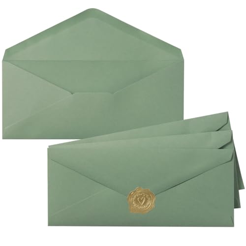 50 Pack Sage Green #10 Business Envelopes with Stickers, 4.13 x 9.49 Inches