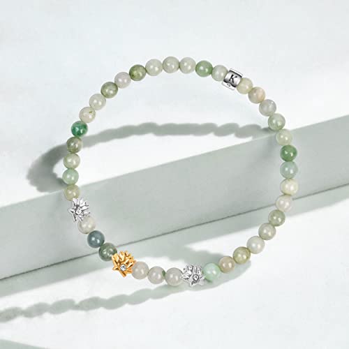 Karma And Luck - Limitless Potential - Abundance & Prosperity Burmese Real Jade 925 Sterling Silver - 18K Gold Plated Triple Lotus Charm Stretch Bracelet Handmade In Bali #TOP3