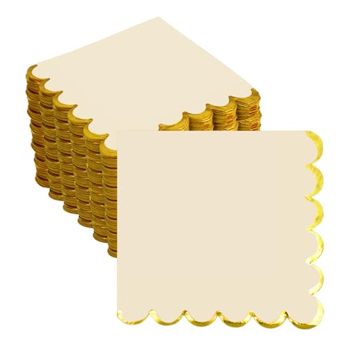 200 Pack Beige and Gold Paper Napkins Scalloped Cocktail Napkins Cream Disposable Beverage Napkins for Birthday Baby Shower Wedding Party Supplies Dinnerware Tableware Decorations