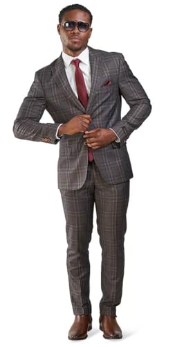 Slim Fit Suit 2 Button Peak Lapel Windowpane Plaid Vest Optional 350714