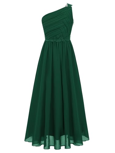 Freebily Enfant Robe Demoiselle d'honneur Princesse Fille Robes Soirée Cérémonie Une Épaule Longue Robe de Mariage Cocktail Anniversaire Fête Mousseline Vert 11-12 Ans