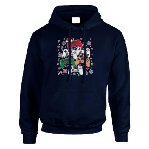 Image of Christmas Jumper Gaming Controller Mens Hoodie Retro Sarcastic Holiday Gamer Gift Hoody Navy Blue - Youth Medium (Age 7-8)