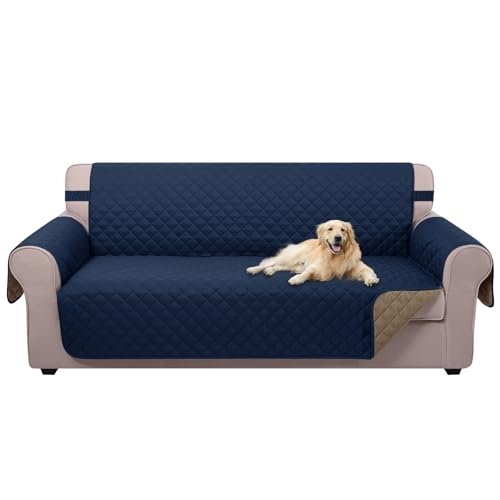 U-NICE HOME Reversible Sofa Cover Couch Cover for Dogs with Elastic Straps Water Resistant Furniture Protector for Pets Couch Cover for 3 Cushion Couch (Sofa, Navy/Taupe)