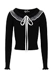 Hell Bunny Tatiana Pullover Gestrickter Süßer Gotischer Wellenkanten-Rüschenkragen, Schwarz, M