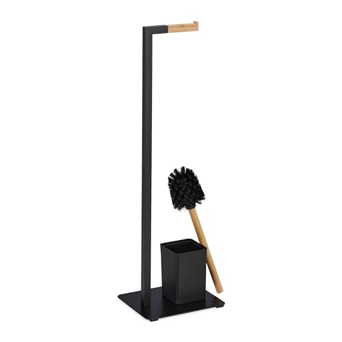 Image of Relaxdays Toilet Brush Set Bamboo Stainless Steel Standing Toilet Paper Holder Black /Natural