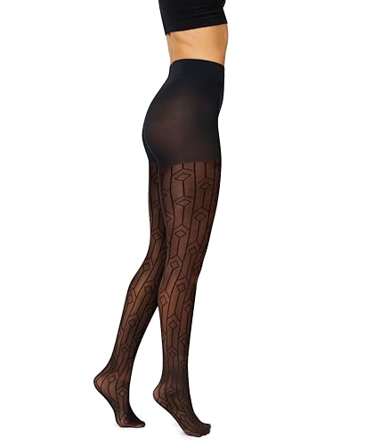 Hanes EcoSmart Art Deco Women's Fashion Tights, Control Top, Sheer Toe, Black, Size Small (Pack of 1)