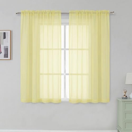 Image of Simplebrand Light Yellow Rod Pocket Top Solid Voile Sheer Curtains for Bedroom, 54 Inch Length Drapes Set of 2, Lightweight and Light Filtering Elegant Curtains Panels Window Treatment, 42Wx54L