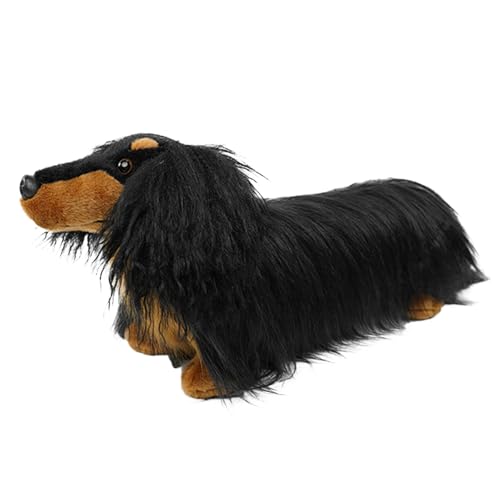 17 Dachshund Stuffed Animal Dog Plush Toy Standing Black Tan Wiener Realistic Long Haired with Fluffy Curly Fur Lifelike Sausage Doxie Puppy Gifts for Kids Decor Dog Lover Non-Vacuumed Gift Ready