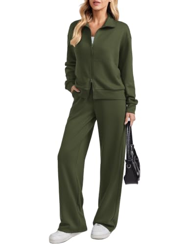 PINSPARK Travel Sets for Women 2 Piece Zip Up Top High Waist Wide Leg Pants