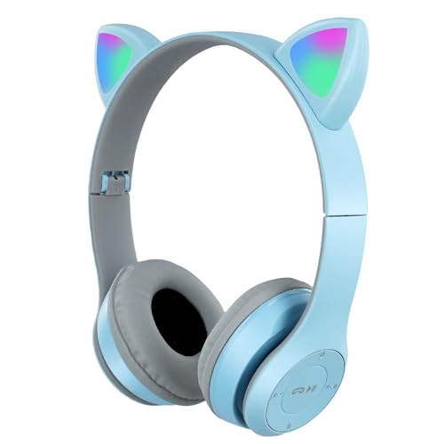QCXWCJWD Écouteurs Bluetooth pour enfants avec microphone, écouteurs sans fil pour fille, oreille de chat pliables pour l'école et les voyages (bleu