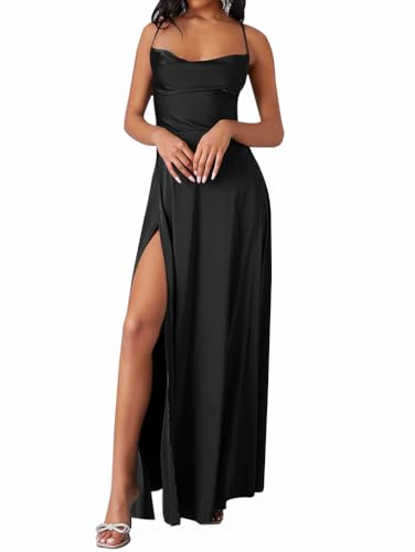 Minetom Damen Rückenfrei Maxikleid Spaghettiträger Partykleid Ärmellos Lange Kleider Figurbetontes Abend Club Kleid mit Schlitz E Schwarz XS