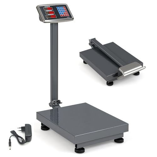 RELAX4LIFE - RELAX4LIFE Plattformwaage 300 kg/ 50 g, Paketwaage Klappbar, Industriewaage mit LED Display, Digitale Waage, Bodenwaage, Netz- & Batteriebetrieb, Plattform: 50 x 40 cm, verstellbare Füße (Silber)