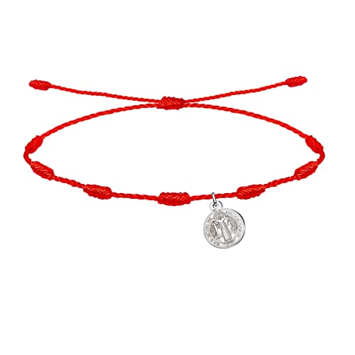 cotigo Pulsera Nudos Roja con Santo o Virgen en Acero Inoxidable-Amuletos de la Suerte y Proteccion-contra Mal de Ojo-Ajustable, Hilo Rojo Mujer y Hombre (SAN BENITO)