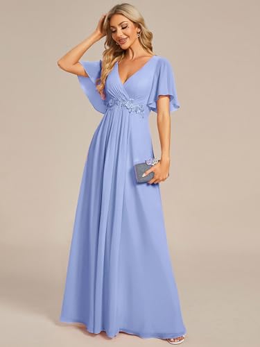Image of Ever-Pretty Womens V Neck Applique Mother of the Bride Dresses Formal Dress | Chiffon, Short Sleeves, Ruched, A-Line, Bridesmaid Dresses, Formal Gown, Black Tie Dress