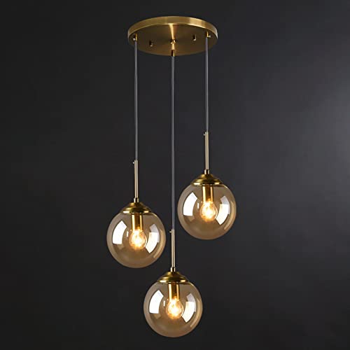 Raincaty 3 Light Pendant Light Fixtures, Brass Lamp Holder & Glass 5.9'' Lampshade Concise Pendant Lighting For Kitchen Island Farmhouse (Amber), 11.8 Inches #TOP4