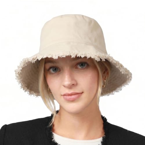 Image of CHOK.LIDS Frayed Bucket Hats for Women Men Unisex Trendy Washed Cotton Floppy Wide Brim Boonie Outdoor Summer Beach Headwear