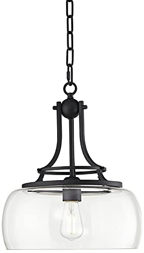 Franklin Iron Works Charleston Black Metal Bubble Pendant Light 13 1/2" Wide Rustic Farmhouse Industrial Led Clear Glass Shade Fixture Dining Room House Bedroom Kitchen Island Hallway High Ceilings #TOP1