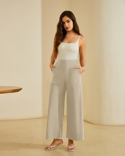 FireSwan Women's Wide Leg Work Pants High Elastic Waist Dress Palazzo Pants Trousers with Zipper Pockets (Khaki L)4