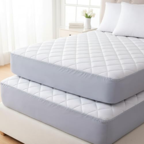 Image of Pack of 2 Quilted Double Mattress Protector 30cm Extra Deep Fitted Soft Microfiber Hotel Quality Breathable Anti Allergy Mattress Cover for Comfortable Sleep (137x190cm, White)