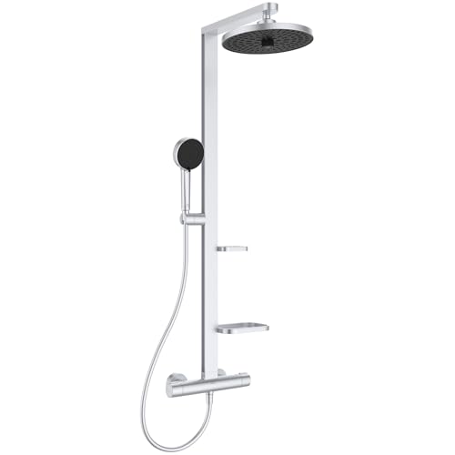 Ideal Standard Ceratherm Alu+ Exposed Shower System, Made from 84% Recycled Aluminum, Water-Saving showerhead with Adjustable Spray Modes and Scald Protection – Silver (356x501x1113 mm)