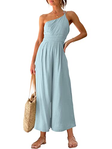 Women's summer strap jumpsuit - one-shoulder, high waist, linen-like wide-leg