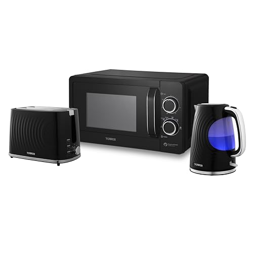Image of Tower Sonar Kitchen Set, 1.7L Rapid Boil Kettle, 900W 2 Slice Toaster, 800W 20L Manual Microwave, Black, T10083BLK + T20090BLK + T24042BLK