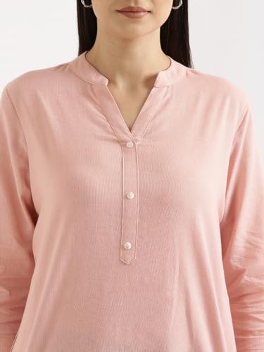 Image of SAADAA Women's Linen Straight Fit Straight Long Kurta Airy Plain Kurta, 3 /4 Sleeve, Knee Length Kurtis with Pockets, Casual and Office Wear