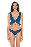 Model wearing Under Sun Women's Ruffle Bra Bikini Swim Top