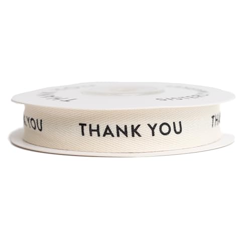 Sisterly Market - Custom Herringbone Cotton Ribbon Natural 5/8 Inch Gift Ribbon with Thank You Printed Phrase 10 Yards