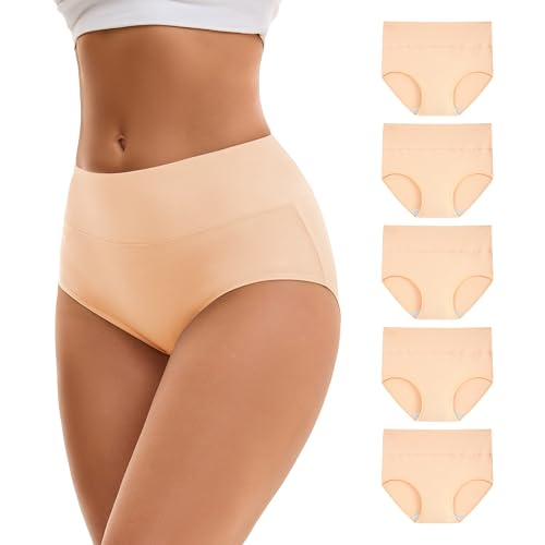 INNERSY Nude Underwear Women High Waisted Knickers Cotton Full Briefs Comfy Ladies Pants 5 Pack (12, 5 Classic Beige)
